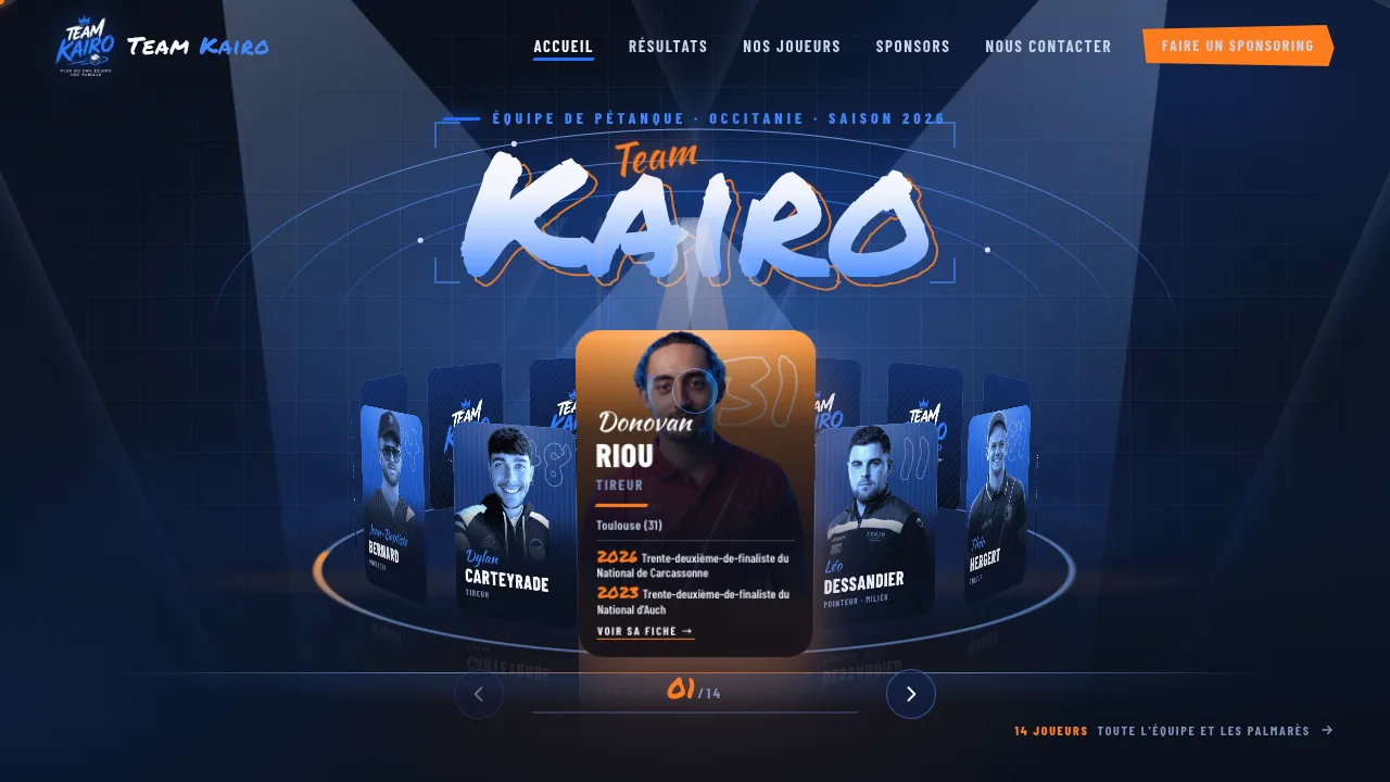 Page d'accueil du site de la Team Kairo — équipe de pétanque d'Occitanie